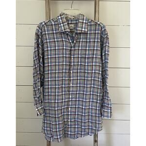 Peter Millar Blue Tattersall Men’s Button Up Shirt 100% Linen Long Sleeve Large